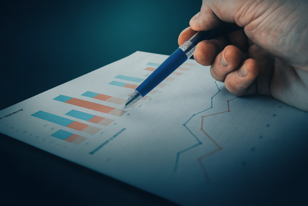 Kanarii Partners — Business Growth Analysis Hand analyzing growth charts with pen — Business performance and strategy